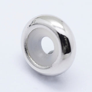 Metal Beads, with Silicone/ Rubber Inside, Slider Beads, Stopper Beads, Rondelle, Platinum, 7x3.5mm, Hole: 2mm.  Packed 5 Beads.