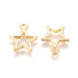 Golden Star Charm (Star Outline w/ Open Center). 15x12.5x1.5mm, Hole: 1.8mm.  (Packed 10)