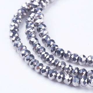 Electroplate Opaque Glass Beads Strands, Full Silver Color Plated, Faceted, Rondelle, Size: about 2.5mm x 2mm, hole: 1 mm; *Approx 190 Beads.