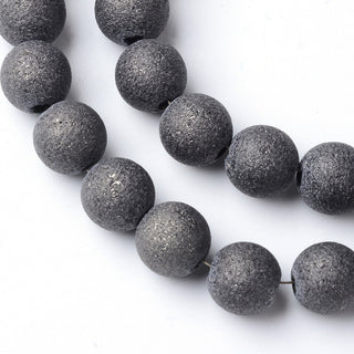Glass Beads, Frosted.  Grey Black  ROUND. 8 to 9mm.  Hole 1.5mm.  Approx 72 Beads.