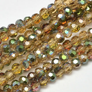 Glass Faceted 4mm ROUND Beads.  *Half Rainbow Plated.  Electroplated. (Dark Khaki)  *approx 100 Beads.
