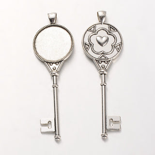 Tibetan Style Alloy Key Pendant Cabochon Bezel Settings,  Antique Silver, Flat Round Tray: 25mm, 88x28x6mm, Hole: 5x7mm,