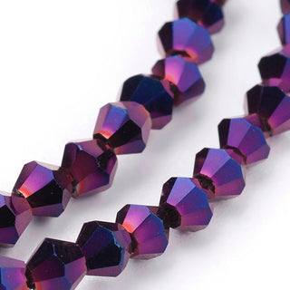 (3MM).  Full Electroplate Bicone Glass Bead (Purple) 17" Strands, Grade AA, 3x3mm, Hole: 1mm