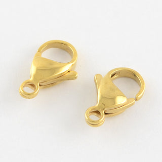 304 Stainless Steel Lobster Claw Clasps, Hand Polished, Real 18K Gold Plated, 15x9x4mm, Hole: 2mm  *(Packed 5 or Bulk)